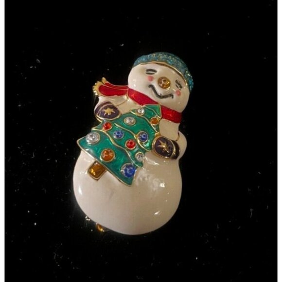 Snowman Brooch Pin Christopher Radko Rhinestone and Enamel Vintage Signed - Picture 1 of 3